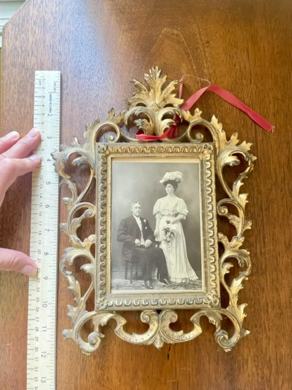 Antique Victorian Ornate Scrollwork Brass Frame w/ B&W Wedding Photo Wall Mount